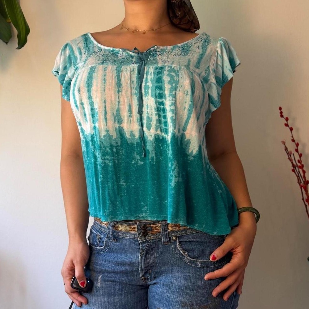 Live & Let Live Teal Tie Dye Ruffle Sequin Mermaidcore Top Petite Large